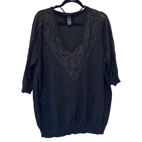Lane Bryant Tops - Lane Bryant Knit Top Womens 22/24 Lace Trim V-Neck Black Elbow Sleeve